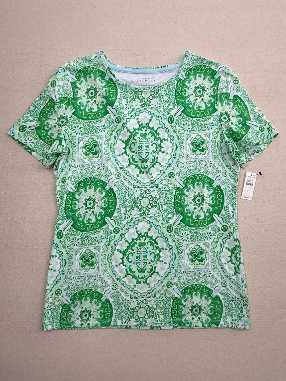 Talbots The Talbots Tee Womens Small Green Medallion Tile Print Cotton Blend NWT
